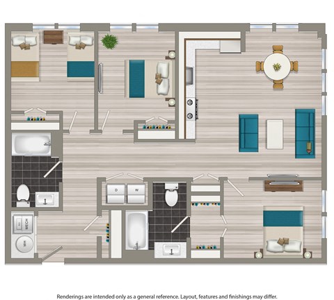 a floor plan of a house with furniture and a clock